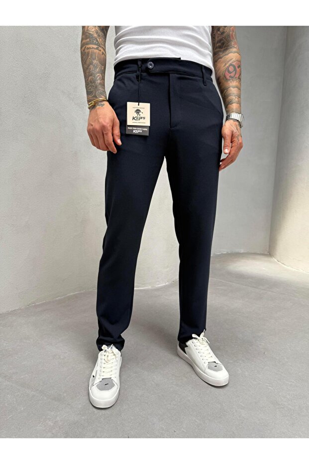 Navy Blue Slimfit Fabric Trousers