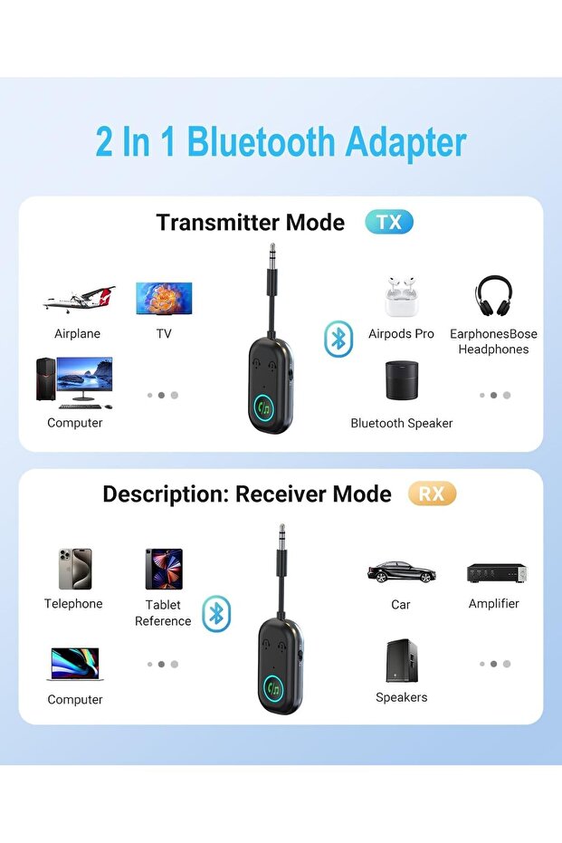 Bluetooth 5.3 Transmitter Receiver, 2--1 Bluetooth Adapter Airplane, Bluetooth Transmitter - 4