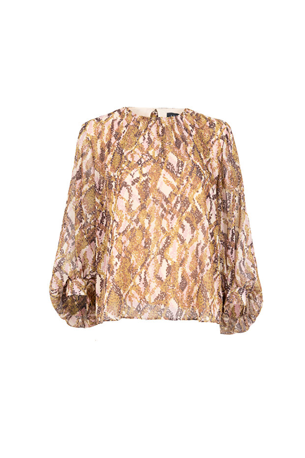 بلوزة عادية بأكمام طويلة وياقة وشاح منقوشة - 7