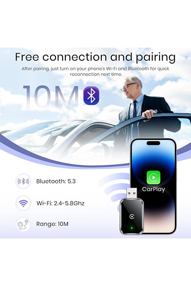 توصيل وتشغيل، محول لاسلكي 2 في 1 لـ CarPlay، ترقية لنظام iOS 10+ والسيارات المزودة بـ CarPlay سلكي - 4