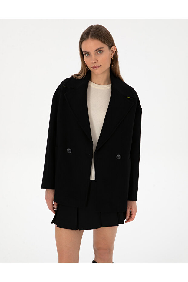 Black Comfort Fit Wool Blend Melton Coat 50314272-Vr046