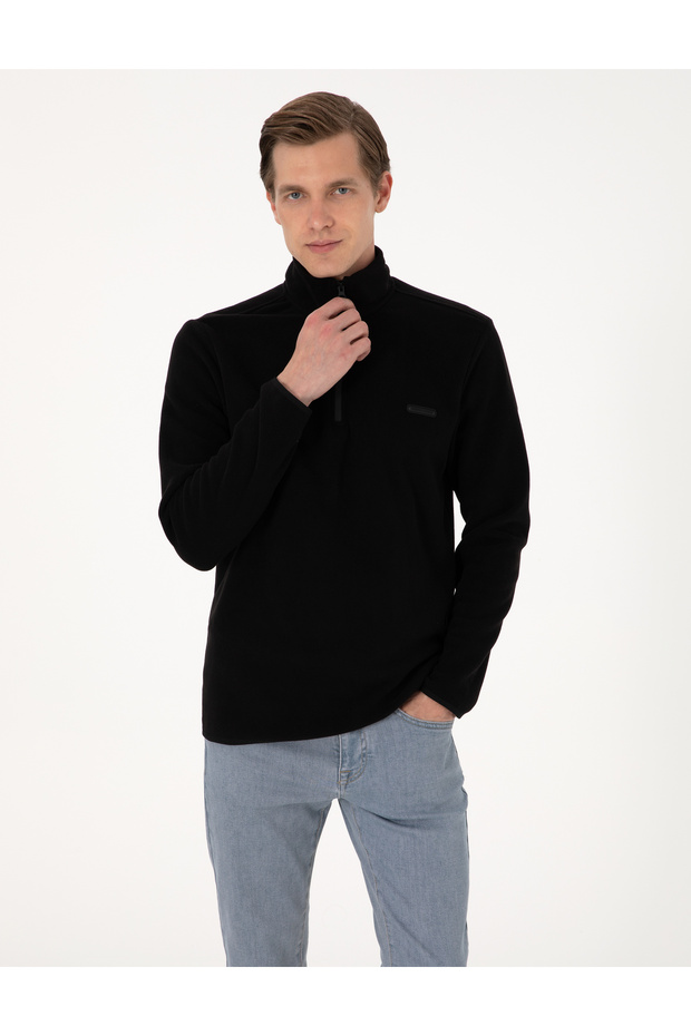 Black Regular Fit Half Zipper Fleece Sweatshirt 50314056-Vr046
