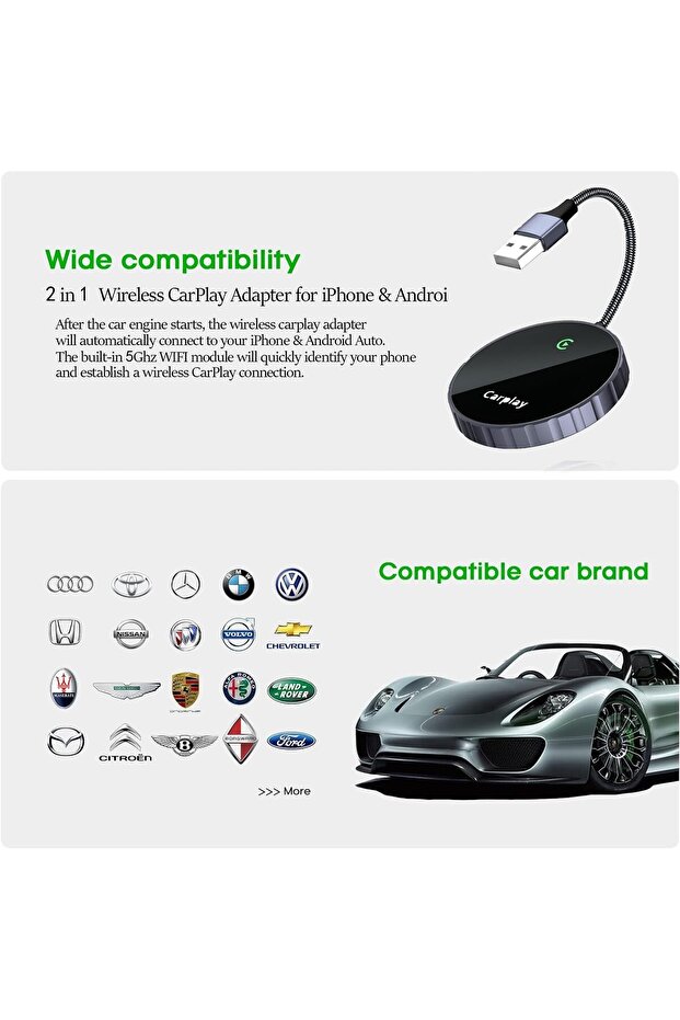 محول لينجي 2 1 اللاسلكي كار بلاي لأجهزة آيفون وأندرويد أوتو، دونجل تحويل OEM سلكي لاسلكي - 5