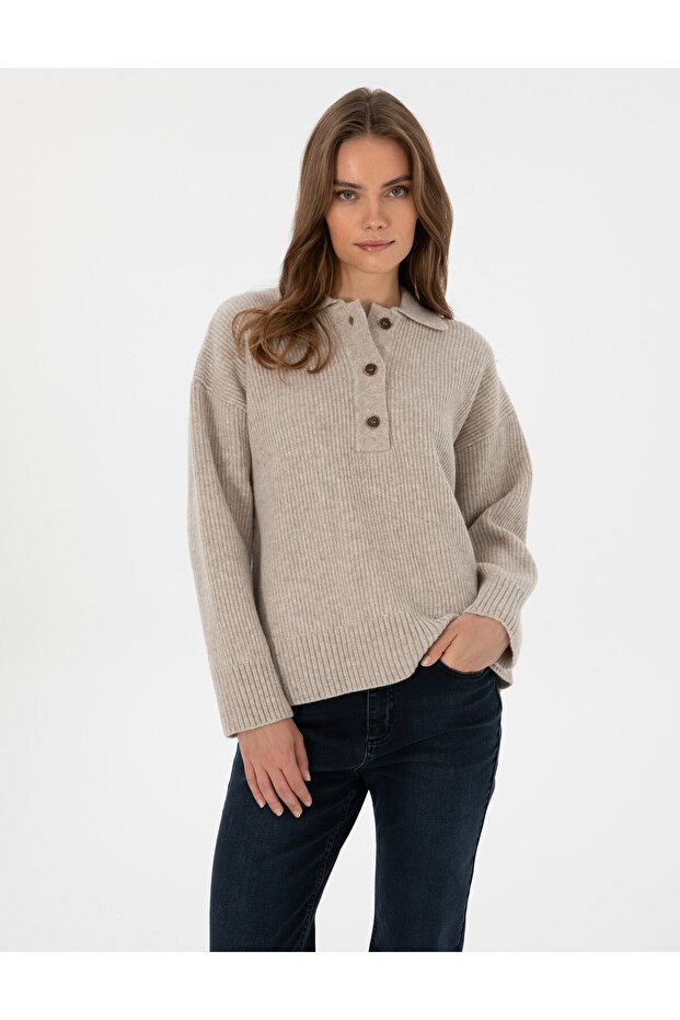 Beige Comfort Fit Wool Polo Neck Sweater 50310992-Vr011