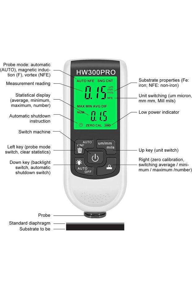 مقياس سمك الطلاء الرقمي بشاشة LCD، جهاز اختبار طلاء المعادن، نطاق القياس التلقائي 0 - 5