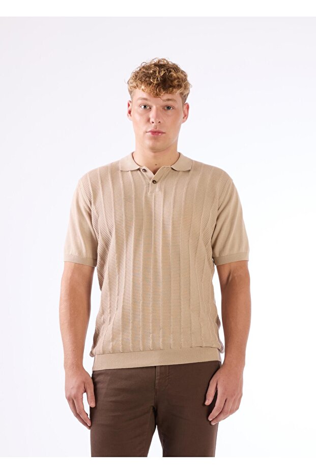 Men's Slim Fit Polo Neck Beige Knitwear T-Shirt