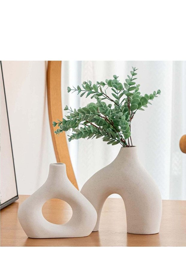 2 Pcs Ceramic Vase for Home Decor, Round Matte Donut Vases, Vases for Living Room Wedding Dinner Ta