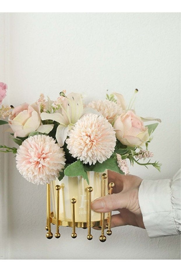 Nordic Electroplated Iron Vase Set with Minimalist Stand and Beige Ceramic Containers