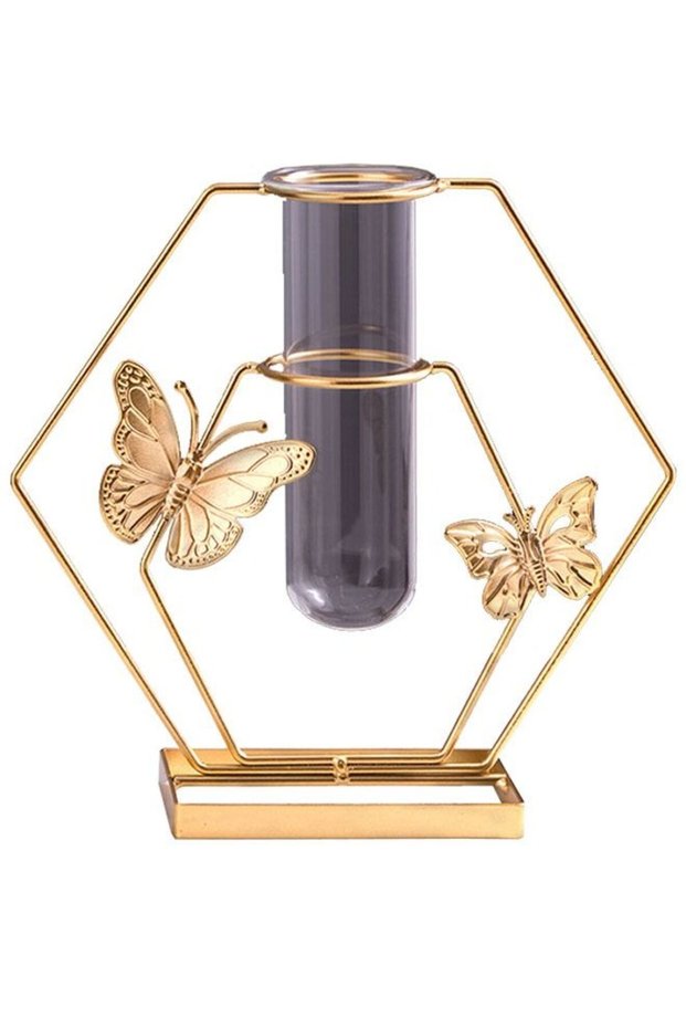Creative Home Butterfly Vase With Hexagon Metal Bracket Home Living Room Desktop Flower Arranger Or
