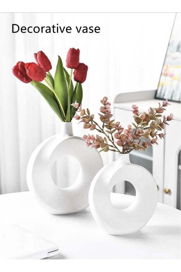 2-Piece Decoration Display Vase Simple Donut Shaped Flower Vase Resin White 26x22 And 21x18 cm