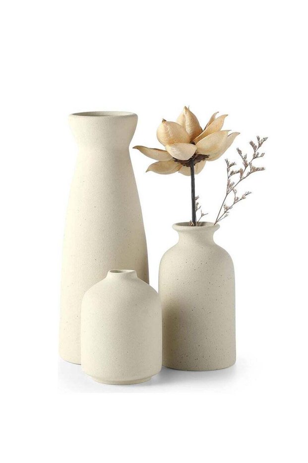 Set of 3 Beige Ceramic vase Small Flower vases for Decor,Modern Home Decor, Vases for Decor,Pampas