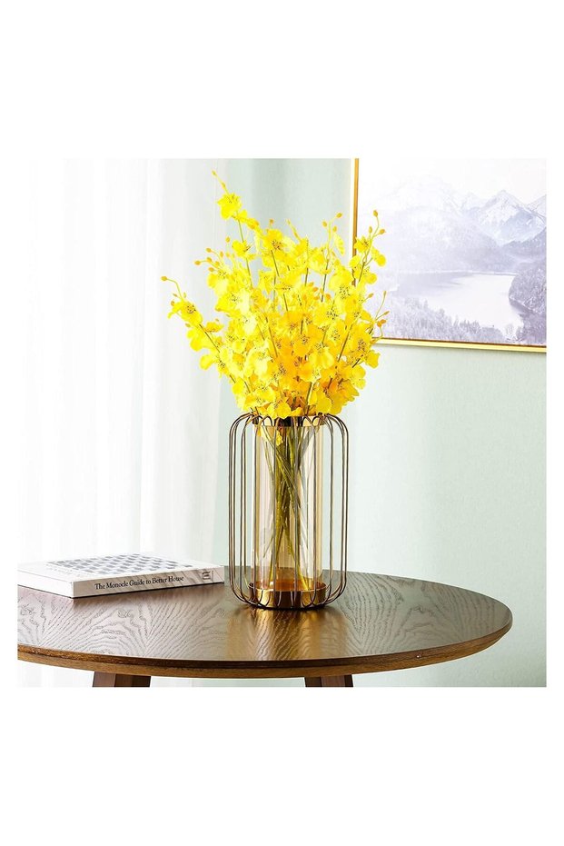 Glass Flower Vase with Metal Stand,Hand-Plated Geometric Metal Floreros Vases Decoration 28*16cm/32