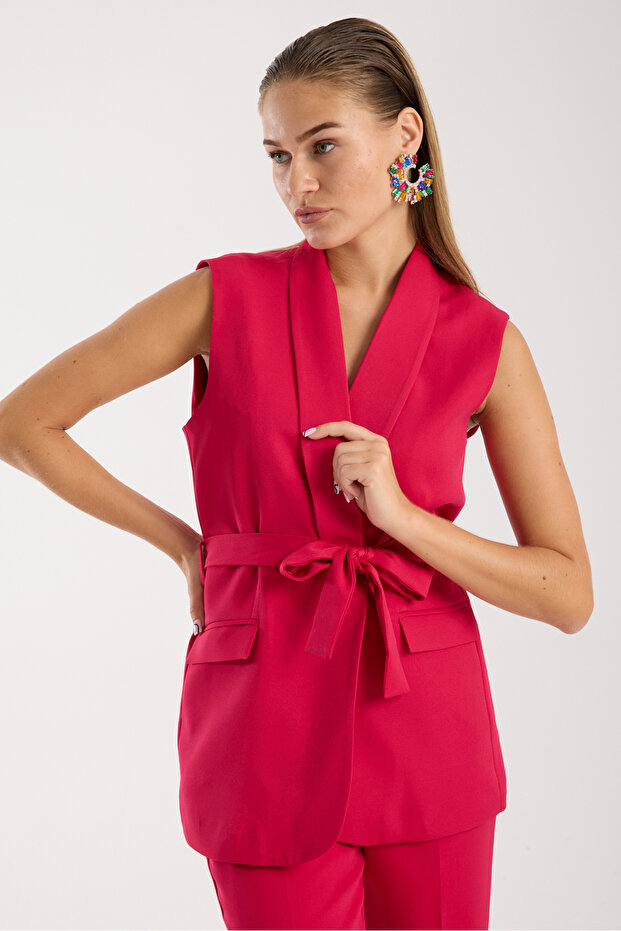 Fuşya Yelek Ve Yüksek Bel Pantolon Takım - 4