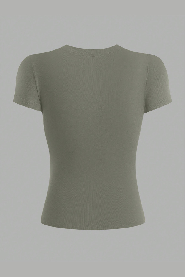 Haki Bisiklet Yaka Basic Kadın Tişört - 3