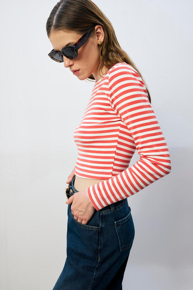 %100 PAMUK ÇİZGİLİ BASIC ÖRME TSHIRT - 4