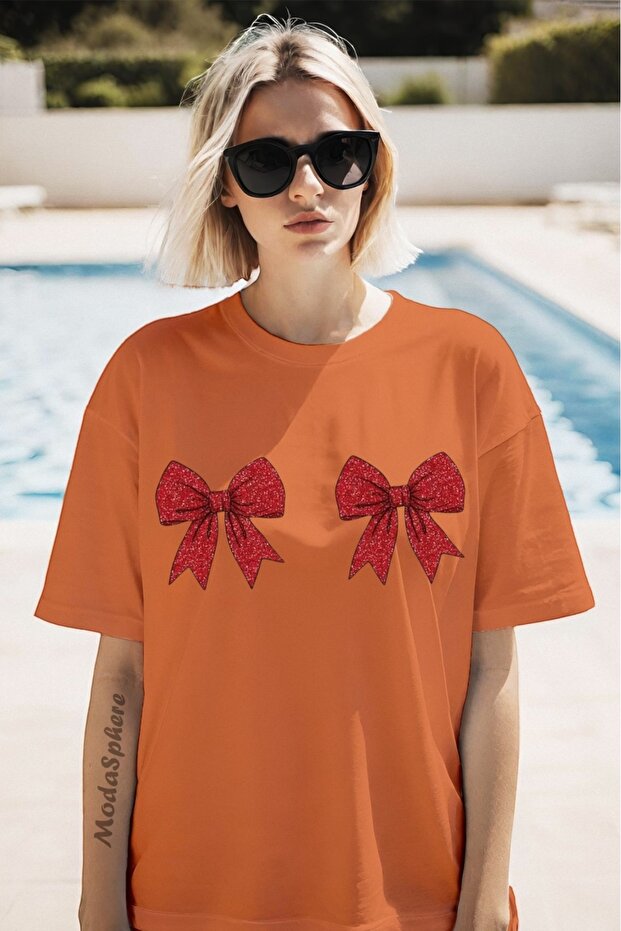 Christmas New Year Glittering Bow Printed Unisex Oversize T-Shirt Oversize - 1