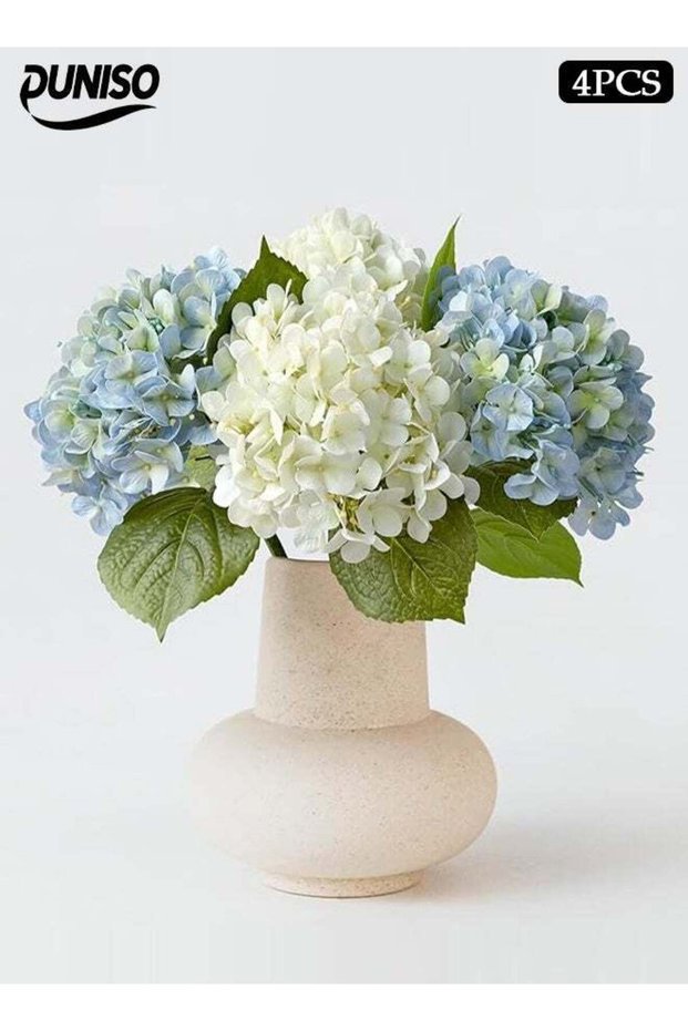 2 White Hydrangeas and 2 Blue Fake Hydrangeas, Artificial Flowers, Long Stems, for Home Wedding Par