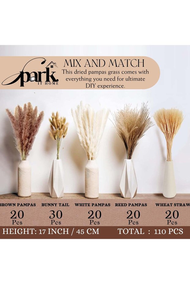 Natural Dried Fluffy Pampas Grass, White & Gold 110 Pieces Bouquet