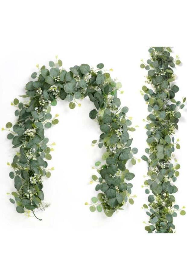 2 PCS Artificial Eucalyptus Garland 5.9FT Fake Silver Dollar Greenery Garland with White Flower Box