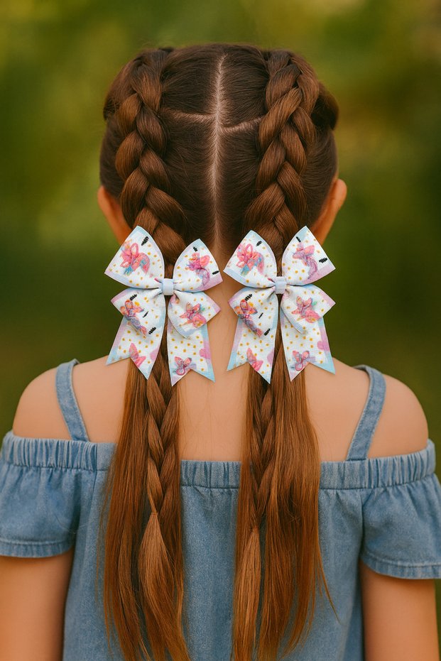 Girl's Buckle Unicorn Patterned Bow Set of 2, Colorful Hair Accessory