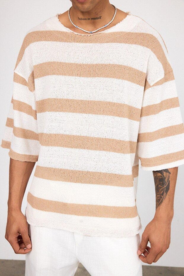 Örme Jakarlı Yarım Kol Oversize Tshirt - 1