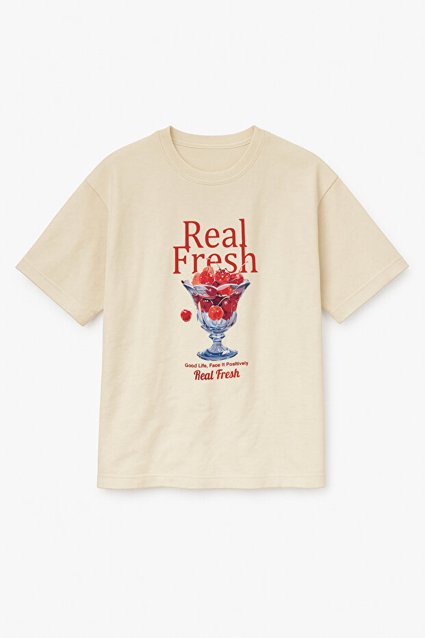 Oversize Beige Unisex Real Fresh Cherry Printed T-Shirt T-Shirt