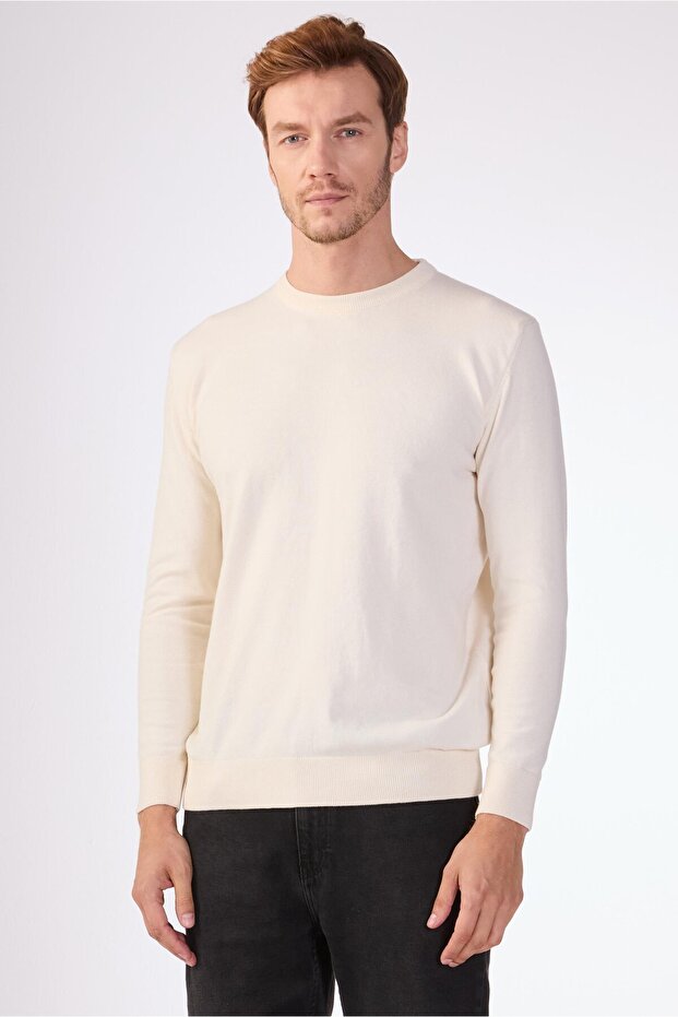 Ecru Crew Neck 100% Cotton Solid Color Slim Fit Men's Knitwear