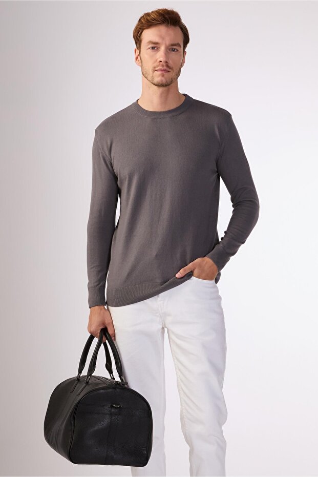 Anthracite Crew Neck 100% Cotton Solid Color Slim Fit Men's Knitwear