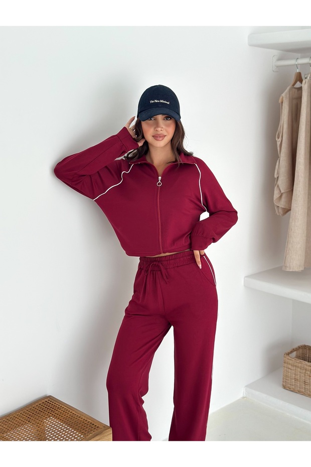 Piped Detail Wide-Leg Modal Fabric Tracksuit Set