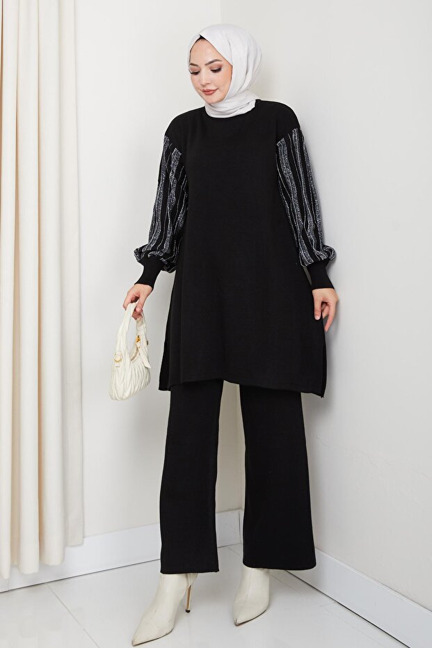 Tunic Set with Sleeve Glitter Detail and Knitwear Trousers