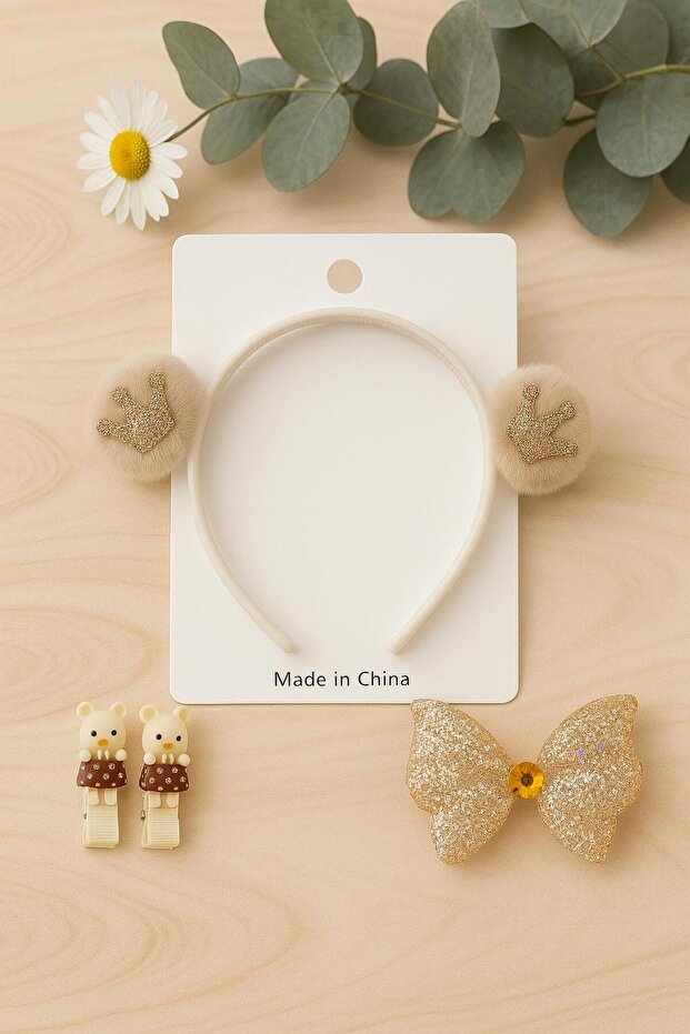 Girl's Pompom Tac Set 3 Pieces