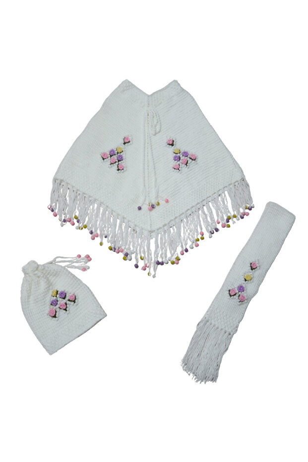 Tunisian Hand Knitted Baby Girl 3-Piece Colorful Poncho Set