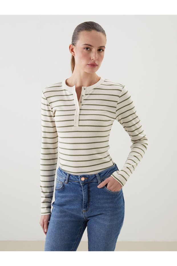 Lcwaikiki Classic Green Crew Neck Striped Women's Bodysuit