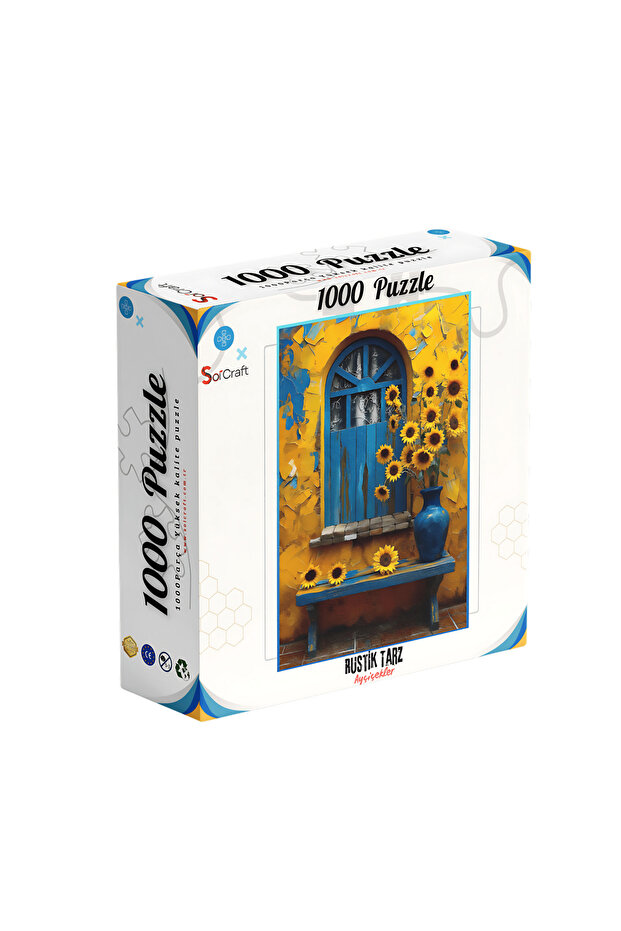 1000 Parça Puzzle Mavi Kapı ve Ayçiçekleri Rustik Sanat - 1