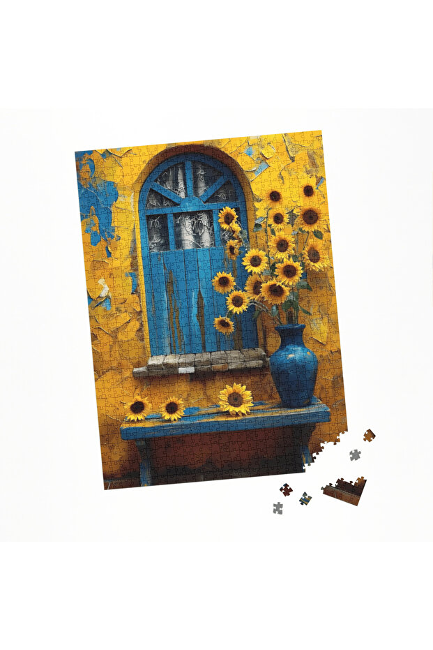 1000 Parça Puzzle Mavi Kapı ve Ayçiçekleri Rustik Sanat - 4