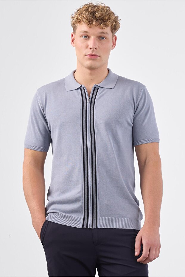 Men's Slim Fit Zippered Polo Collar Gray Knitwear T-Shirt