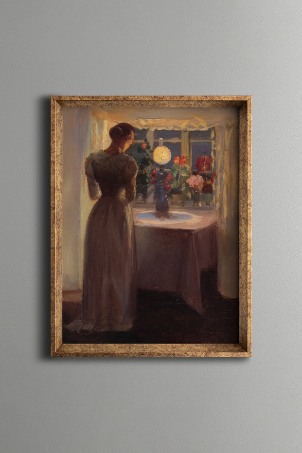 Young Girl in Front of the Lamp - Vintage Patterned Frame