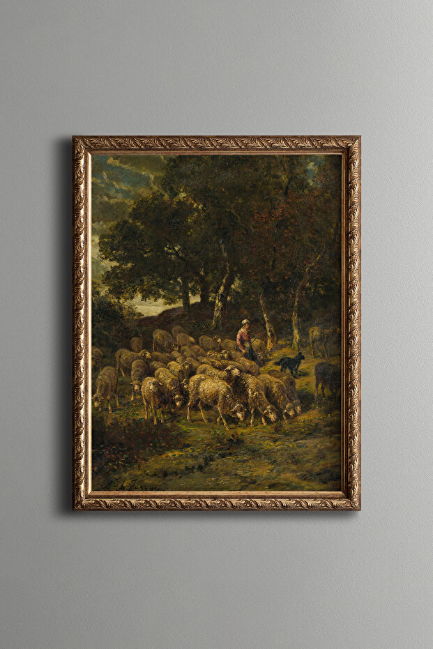 Shepherd Girl and Her Flock - Vintage Patterned Frame