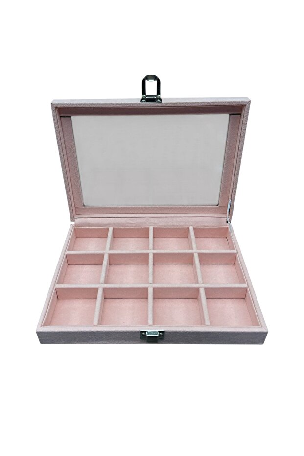 Multi-Compartment Jewelry Box with Glass Lid - Dusty Pink