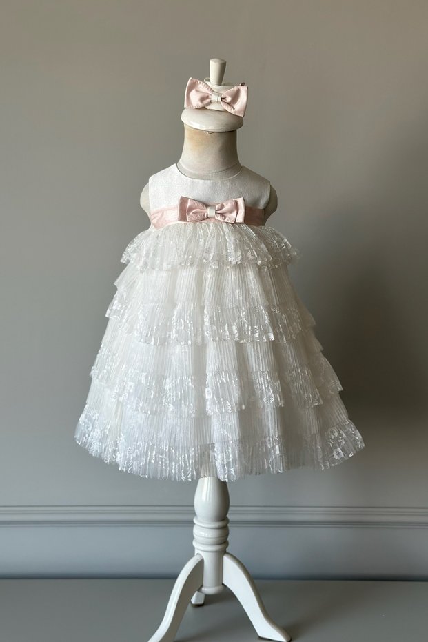 Special Design Girl's Evening Dress, Layered Skirt, Bow Detail, Lace Detail, Hair Accessory_