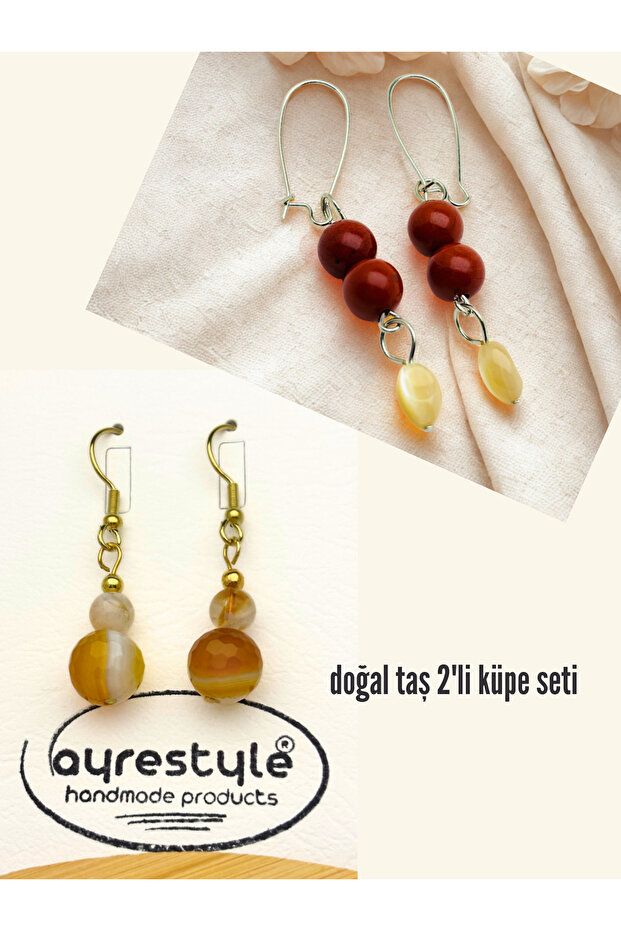 Set of 2 Dangle Earrings with Natural Stones - Jasper-Achate & Citrine-Colorful Dangle Earrings with Natural Stones