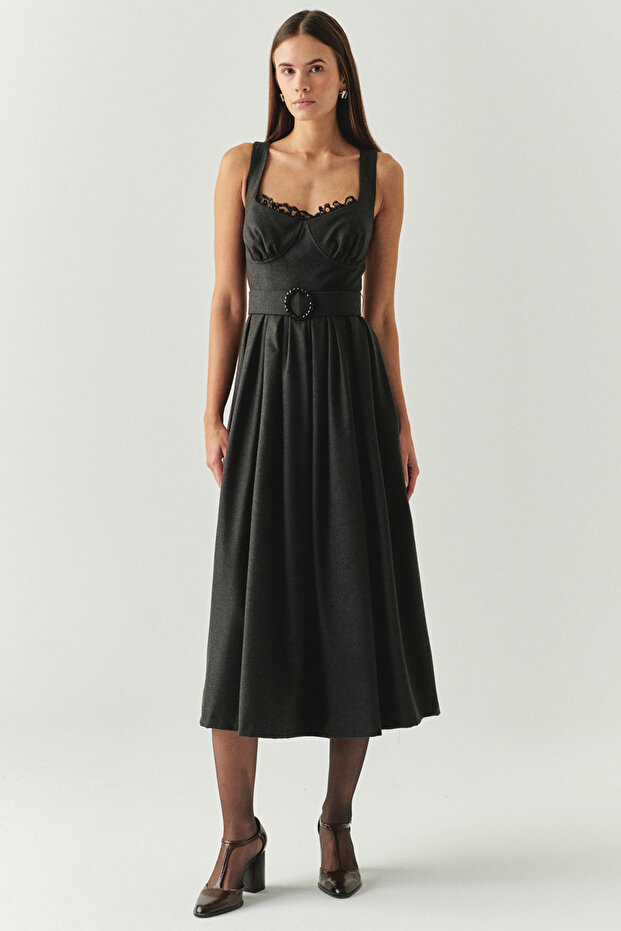 Regular Midi Gray Dress with Lace Collar, Cups, Stones and Belt