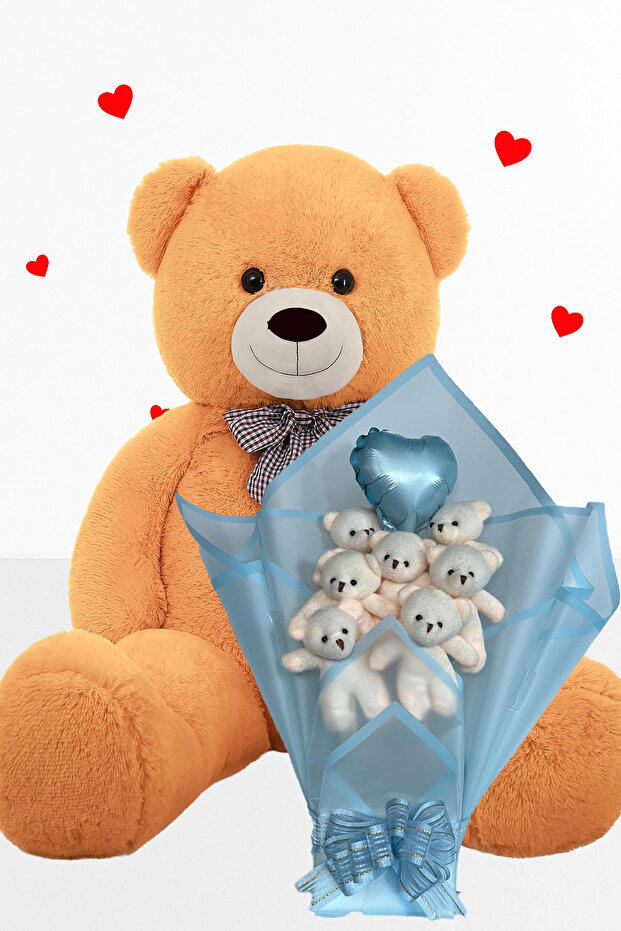 Plush Bear 90 cm Birthday Gift Set Blue Bouquet with Teddy Bear and Balloon Heart for Special Occasion