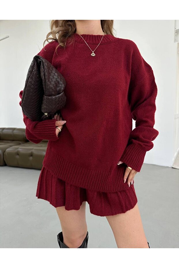 Dgn's Crocheted Mini Skirt with Crocheted Sweater with Crocheted Necklace Women's Top and Bottom Knitwear Set