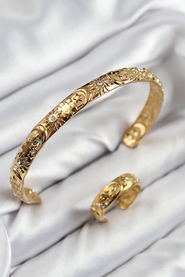Brass Zircon Stone Vintage Gold Bracelet and Ring Set