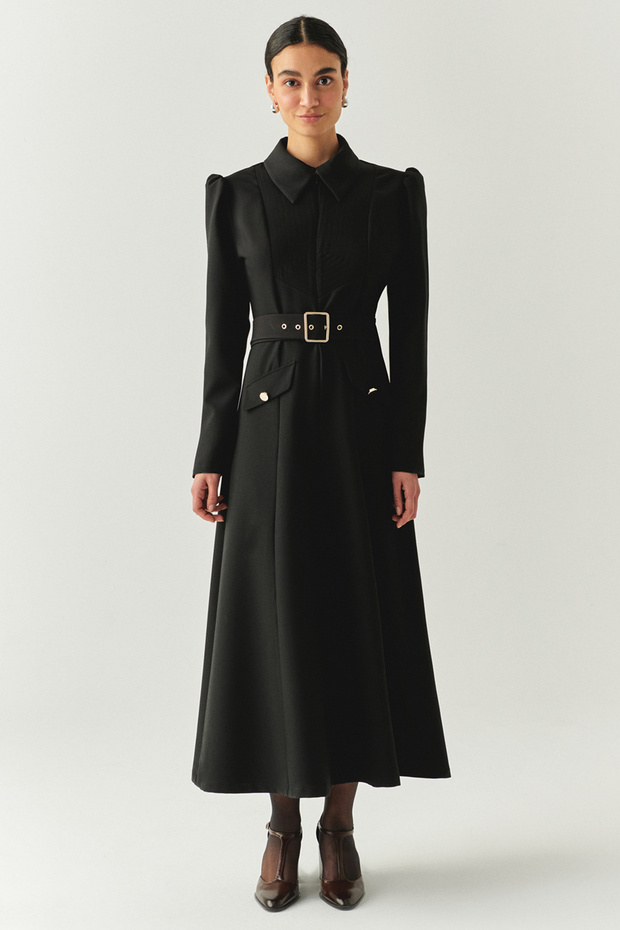 Front Zipper Belted Long Sleeve Slim Fit Midi Dress