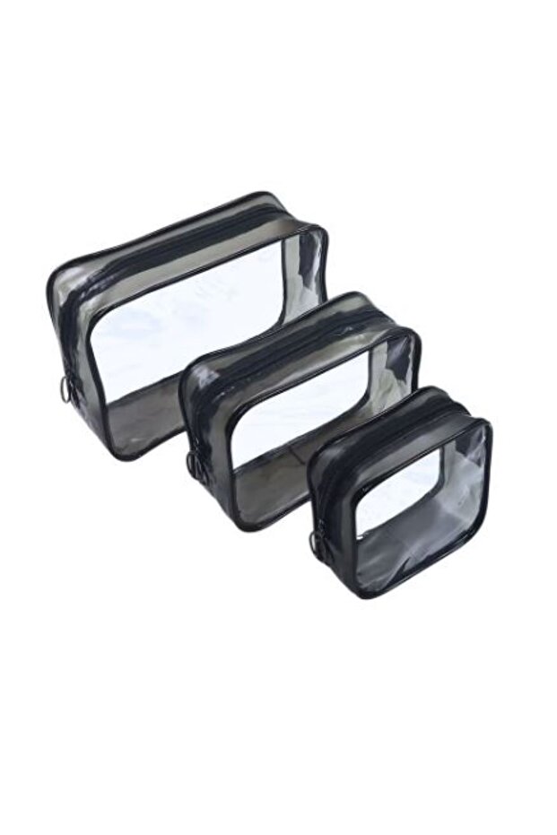 Pack of 3 Clear Cosmetic Pouch, Double Zipper Sliders Portable Clear Pouches, Black