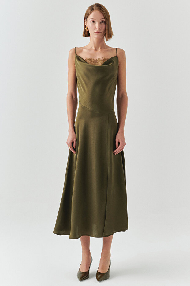 Regular Satin Midi Khaki Dress with Lace Detail and Straps