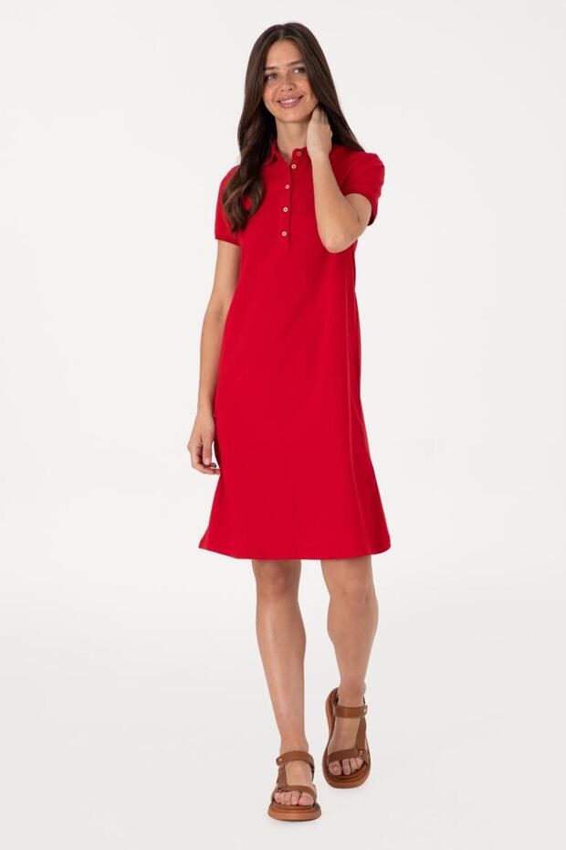 Women's Red Polo Neck Mini Length Knitted Dress