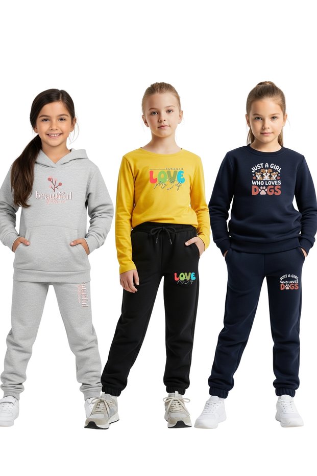 3-Piece Hooded-Round Neck Printed Detail Girl's Tracksuit Set